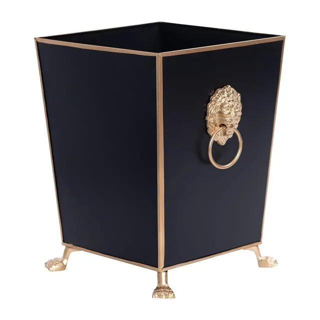 Alt view image 3 of 6 - Decorative Black Bathroom Trash Can No Lid with Gold Trim, Black Metal Trash Can Farmhouse, Waste Basket for Dorm Room, Bedroom, Home Office, Square Waste Bin No Lid, Lion Head Accent