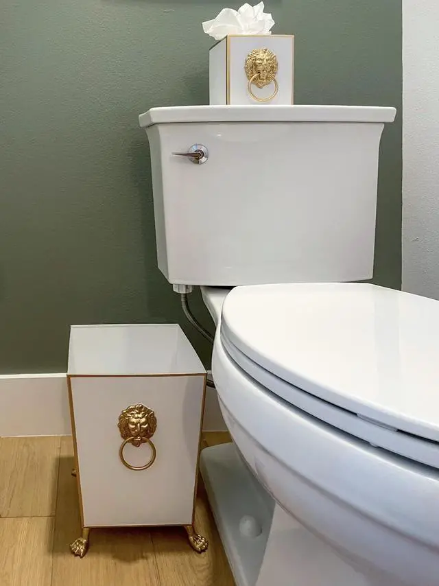 Alt view image 5 of 6 - Decorative Black Bathroom Trash Can No Lid with Gold Trim, Black Metal Trash Can Farmhouse, Waste Basket for Dorm Room, Bedroom, Home Office, Square Waste Bin No Lid, Lion Head Accent