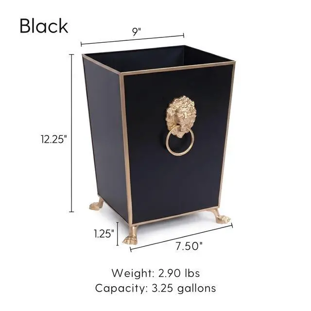 Alt view image 6 of 6 - Decorative Black Bathroom Trash Can No Lid with Gold Trim, Black Metal Trash Can Farmhouse, Waste Basket for Dorm Room, Bedroom, Home Office, Square Waste Bin No Lid, Lion Head Accent