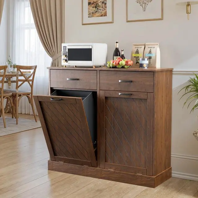 Main image of 26 Gallons Double Tilt Out Trash Can Cabinet, 2x13 Gallons Hidden Kitchen Trash Cabinet with Storage Drawers, Pet Proof Hidden Garbage Can for Kitchen, Laundry Room, Bathroom Wood Brown