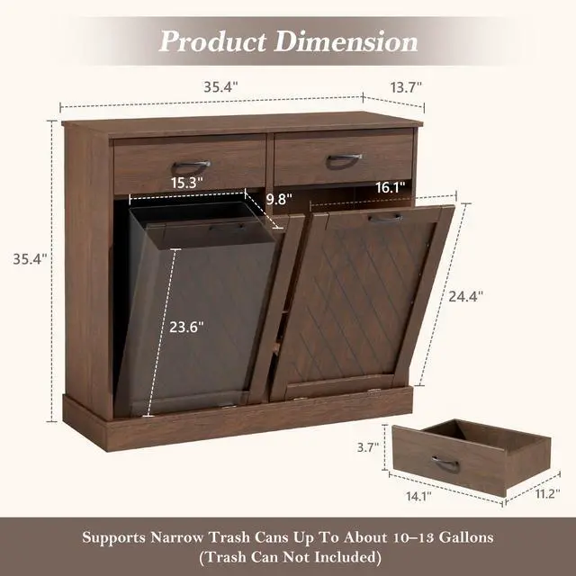 Alt view image 2 of 6 - 26 Gallons Double Tilt Out Trash Can Cabinet, 2x13 Gallons Hidden Kitchen Trash Cabinet with Storage Drawers, Pet Proof Hidden Garbage Can for Kitchen, Laundry Room, Bathroom Wood Brown