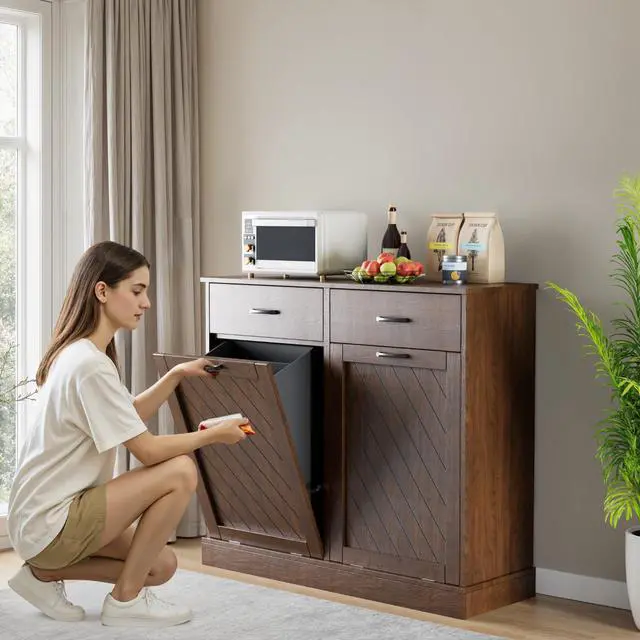 Alt view image 3 of 6 - 26 Gallons Double Tilt Out Trash Can Cabinet, 2x13 Gallons Hidden Kitchen Trash Cabinet with Storage Drawers, Pet Proof Hidden Garbage Can for Kitchen, Laundry Room, Bathroom Wood Brown