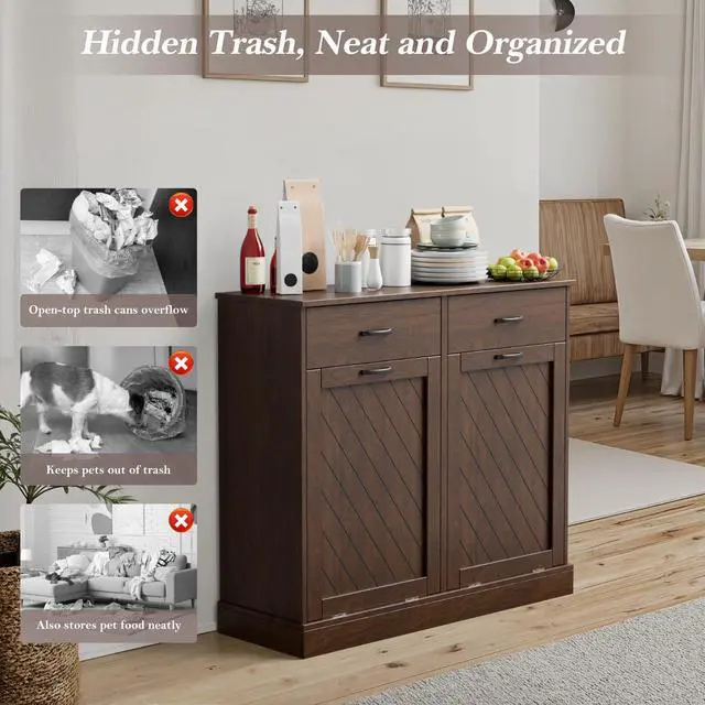 Alt view image 4 of 6 - 26 Gallons Double Tilt Out Trash Can Cabinet, 2x13 Gallons Hidden Kitchen Trash Cabinet with Storage Drawers, Pet Proof Hidden Garbage Can for Kitchen, Laundry Room, Bathroom Wood Brown