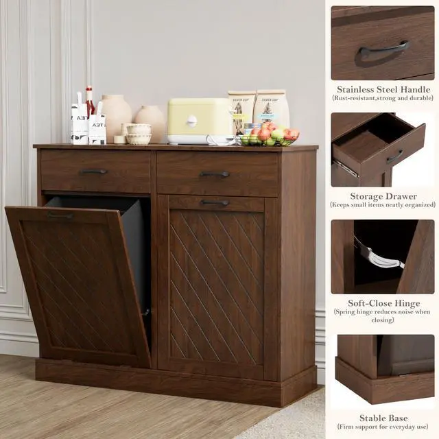 Alt view image 5 of 6 - 26 Gallons Double Tilt Out Trash Can Cabinet, 2x13 Gallons Hidden Kitchen Trash Cabinet with Storage Drawers, Pet Proof Hidden Garbage Can for Kitchen, Laundry Room, Bathroom Wood Brown