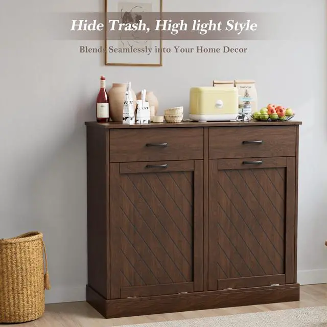 Alt view image 6 of 6 - 26 Gallons Double Tilt Out Trash Can Cabinet, 2x13 Gallons Hidden Kitchen Trash Cabinet with Storage Drawers, Pet Proof Hidden Garbage Can for Kitchen, Laundry Room, Bathroom Wood Brown
