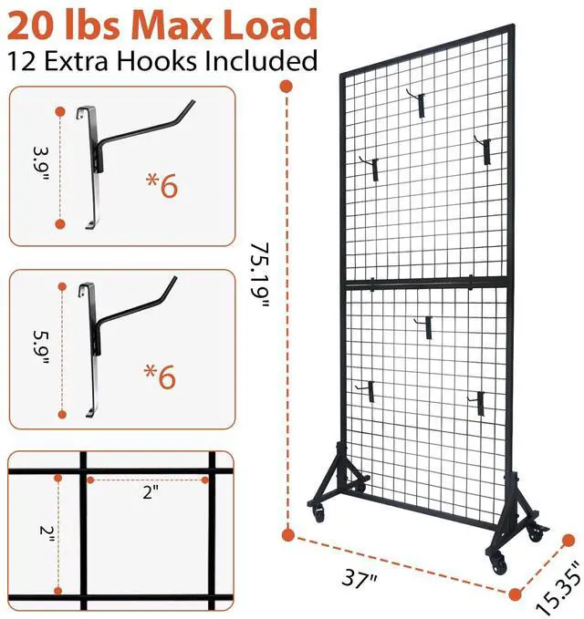 Alt view image 2 of 6 - Yunphia 2 Packs 3'X 6' Two Gridwall Panels Display Stand with Sturdy T-Base, Black Wire Grid Wall Panels for Art Display Rack, Craft Show, Vendor Events, Holiday Decor, Extra More 12 Hooks