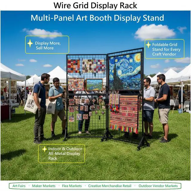 Alt view image 3 of 6 - Yunphia 2 Packs 3'X 6' Two Gridwall Panels Display Stand with Sturdy T-Base, Black Wire Grid Wall Panels for Art Display Rack, Craft Show, Vendor Events, Holiday Decor, Extra More 12 Hooks