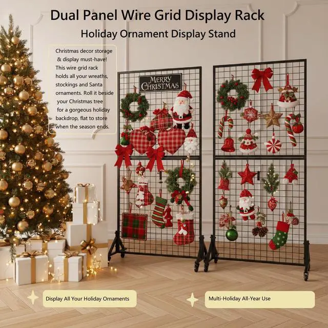 Alt view image 4 of 6 - Yunphia 2 Packs 3'X 6' Two Gridwall Panels Display Stand with Sturdy T-Base, Black Wire Grid Wall Panels for Art Display Rack, Craft Show, Vendor Events, Holiday Decor, Extra More 12 Hooks