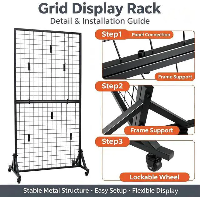 Alt view image 5 of 6 - Yunphia 2 Packs 3'X 6' Two Gridwall Panels Display Stand with Sturdy T-Base, Black Wire Grid Wall Panels for Art Display Rack, Craft Show, Vendor Events, Holiday Decor, Extra More 12 Hooks
