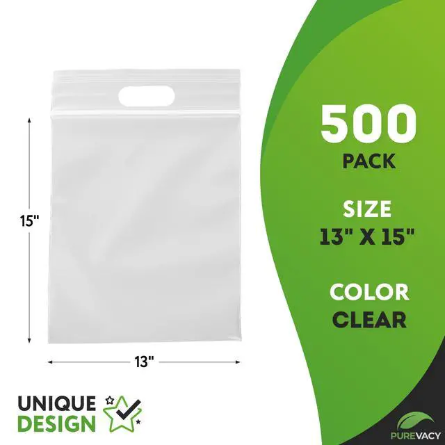 Alt view image 2 of 5 - Reclosable Zipper Bags, Clear Plastic Bags with Die Cut Handles, 13 x 15 Inch Plus 3 Inch Lip, 3 Mil LDPE, Pack of 500