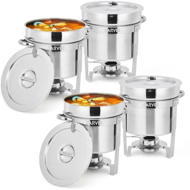 Main image of 7QT Commercial-Grade Soup Chafer Set of 4, Stainless Steel Round Food Warmers with Pots, Notched Lids & Fuel Holders, Commercial Buffet Equipment for Large Banquet Service & Buffet Catering