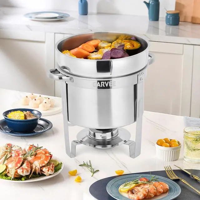 Alt view image 2 of 6 - 7QT Commercial-Grade Soup Chafer Set of 4, Stainless Steel Round Food Warmers with Pots, Notched Lids & Fuel Holders, Commercial Buffet Equipment for Large Banquet Service & Buffet Catering