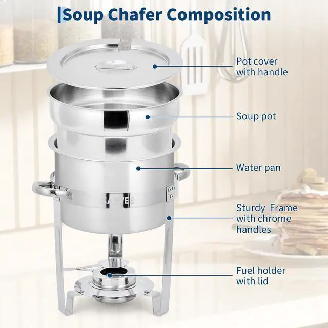 Alt view image 3 of 6 - 7QT Commercial-Grade Soup Chafer Set of 4, Stainless Steel Round Food Warmers with Pots, Notched Lids & Fuel Holders, Commercial Buffet Equipment for Large Banquet Service & Buffet Catering