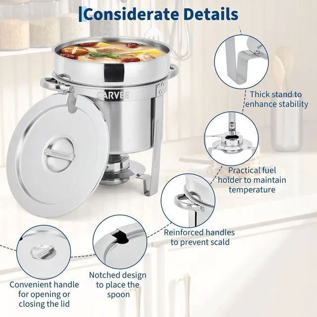 Alt view image 4 of 6 - 7QT Commercial-Grade Soup Chafer Set of 4, Stainless Steel Round Food Warmers with Pots, Notched Lids & Fuel Holders, Commercial Buffet Equipment for Large Banquet Service & Buffet Catering