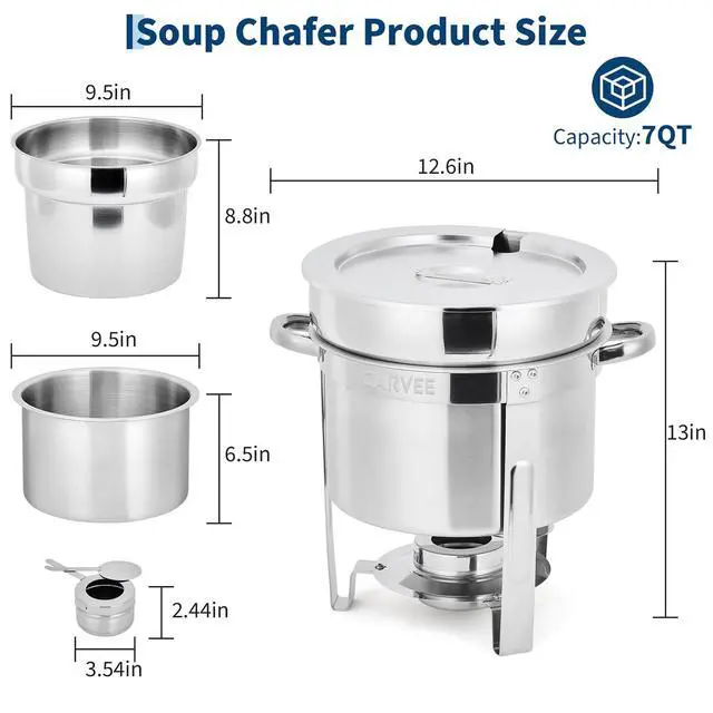 Alt view image 5 of 6 - 7QT Commercial-Grade Soup Chafer Set of 4, Stainless Steel Round Food Warmers with Pots, Notched Lids & Fuel Holders, Commercial Buffet Equipment for Large Banquet Service & Buffet Catering