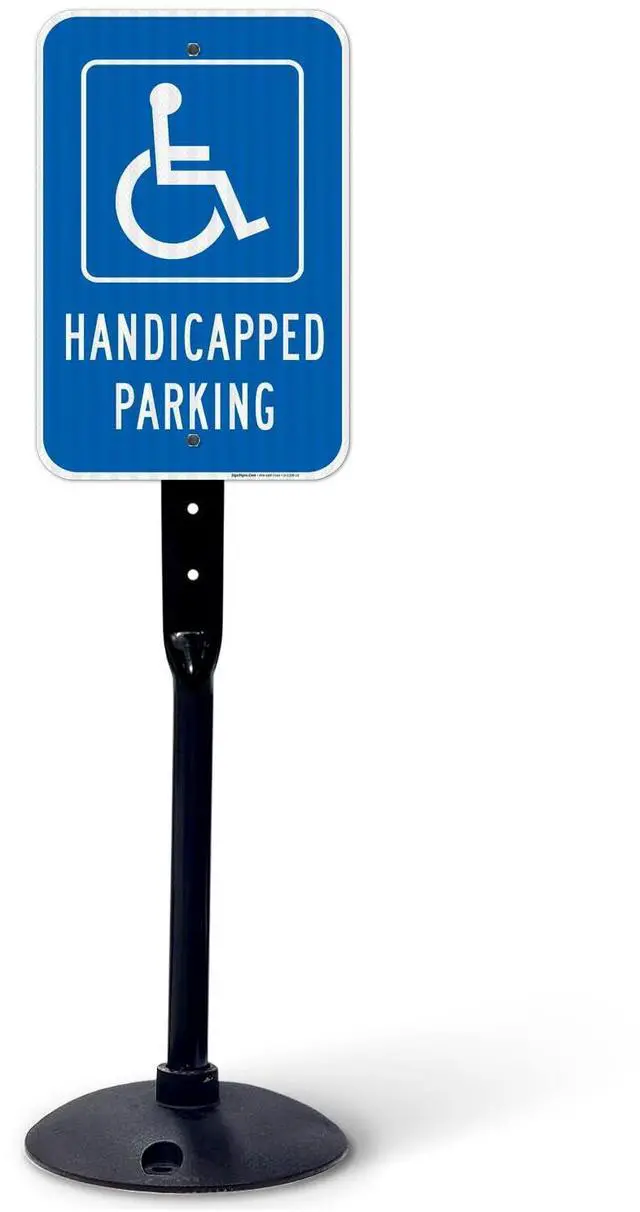 Main image of Handicap Parking Sign, Handicapped Sign, 12x18 Inches, 3M EGP Reflective with Post & Cast Iron Base Stand Set Made in USA by