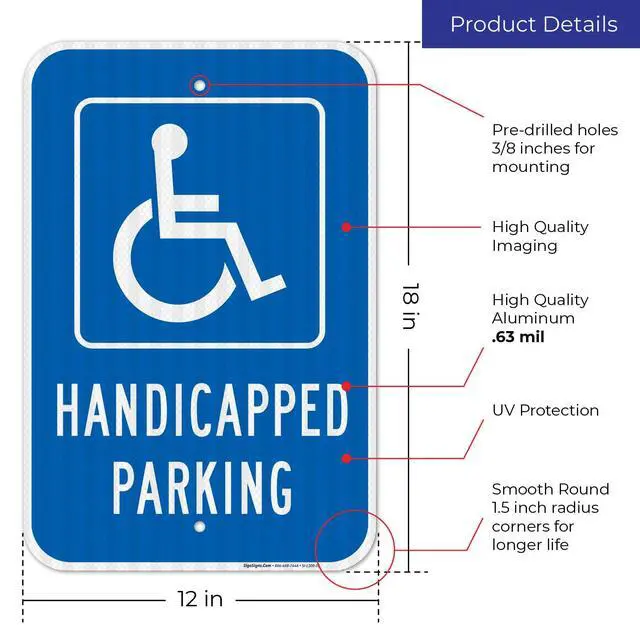 Alt view image 3 of 6 - Handicap Parking Sign, Handicapped Sign, 12x18 Inches, 3M EGP Reflective with Post & Cast Iron Base Stand Set Made in USA by
