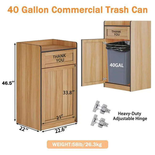 Alt view image 2 of 6 - Restaurant Trash Can Cabinet, 40 Gallon Wooden Commercial Trash Cans and Garbage Receptacle with Tray Holder, Large Trash Cabinet for Restaurant, Kitchen, Office, Wood Color