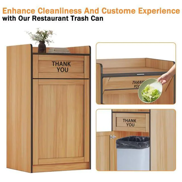 Alt view image 3 of 6 - Restaurant Trash Can Cabinet, 40 Gallon Wooden Commercial Trash Cans and Garbage Receptacle with Tray Holder, Large Trash Cabinet for Restaurant, Kitchen, Office, Wood Color