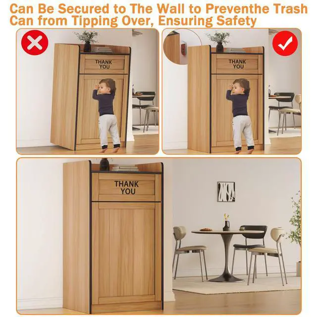 Alt view image 4 of 6 - Restaurant Trash Can Cabinet, 40 Gallon Wooden Commercial Trash Cans and Garbage Receptacle with Tray Holder, Large Trash Cabinet for Restaurant, Kitchen, Office, Wood Color
