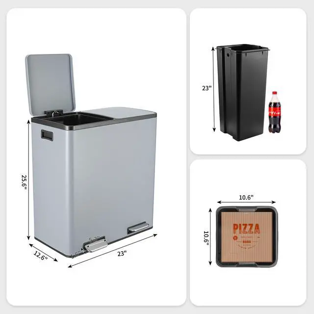 Alt view image 2 of 6 - Dual Trash Can, 2 x 8 Gallon (2 x 30 L) Hands-Free Trash and Recycle Bin Combo, Stainless Steel Kitchen Garbage Can with Soft-Close Lid, Removable Inner Buckets, Step Pedal, Airtight(Haze Blue)
