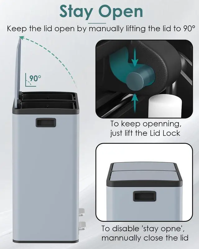 Alt view image 5 of 6 - Dual Trash Can, 2 x 8 Gallon (2 x 30 L) Hands-Free Trash and Recycle Bin Combo, Stainless Steel Kitchen Garbage Can with Soft-Close Lid, Removable Inner Buckets, Step Pedal, Airtight(Haze Blue)