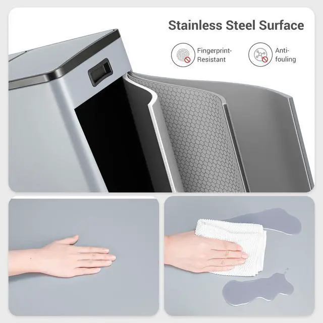 Alt view image 6 of 6 - Dual Trash Can, 2 x 8 Gallon (2 x 30 L) Hands-Free Trash and Recycle Bin Combo, Stainless Steel Kitchen Garbage Can with Soft-Close Lid, Removable Inner Buckets, Step Pedal, Airtight(Haze Blue)