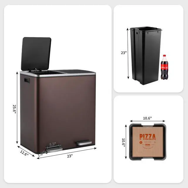 Alt view image 2 of 6 - Dual Trash Can, 2 x 8 Gallon (2 x 30 L) Hands-Free Trash and Recycle Bin Combo, Stainless Steel Kitchen Garbage Can with Soft-Close Lid, Removable Inner Buckets, Step Pedal, Airtight (Brown)