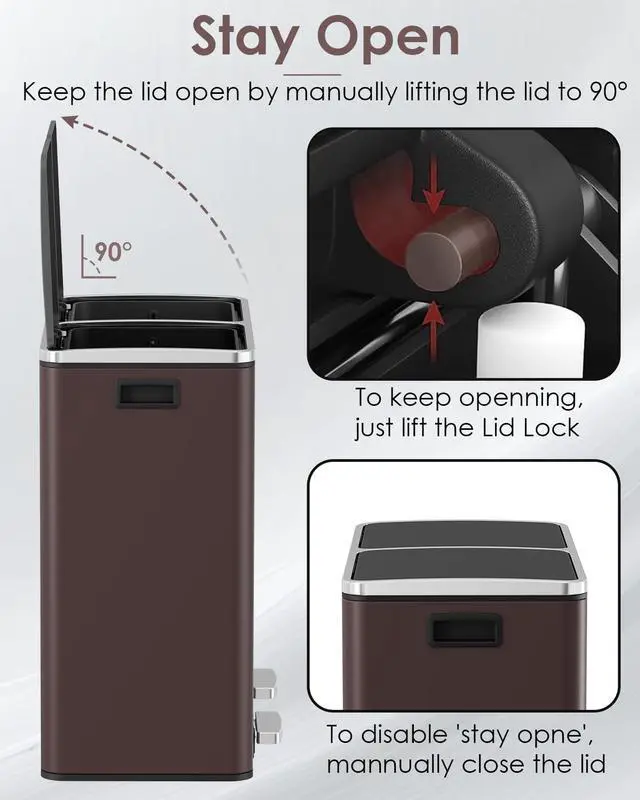 Alt view image 5 of 6 - Dual Trash Can, 2 x 8 Gallon (2 x 30 L) Hands-Free Trash and Recycle Bin Combo, Stainless Steel Kitchen Garbage Can with Soft-Close Lid, Removable Inner Buckets, Step Pedal, Airtight (Brown)