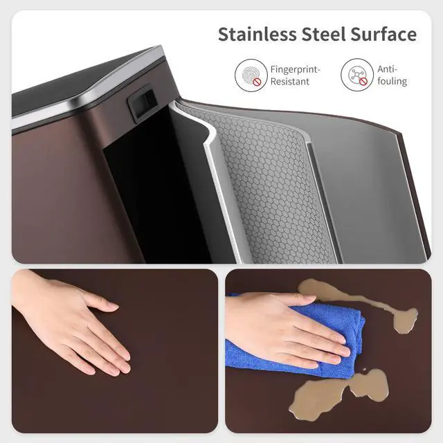 Alt view image 6 of 6 - Dual Trash Can, 2 x 8 Gallon (2 x 30 L) Hands-Free Trash and Recycle Bin Combo, Stainless Steel Kitchen Garbage Can with Soft-Close Lid, Removable Inner Buckets, Step Pedal, Airtight (Brown)