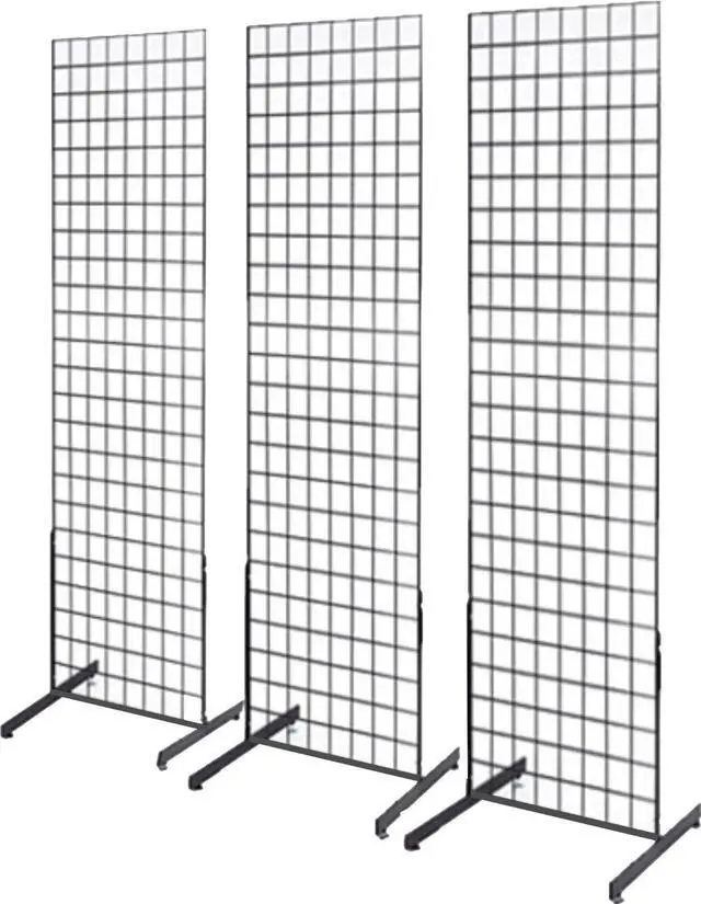 Main image of 2' x 6' Grid Wall Panel Floorstanding Display Fixture with Deluxe T-Style Base, Black or White. Three-Pack Combo. (BLACK)
