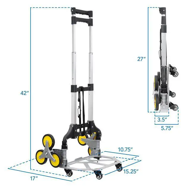 Alt view image 5 of 6 - Stair Climber Hand Truck Dolly with Tri-Wheel Design, 154 lb Capacity, Foldable Steel Frame, Adjustable Handle, Rubber Wheels, Pre-Assembled for Stair and Flat Use