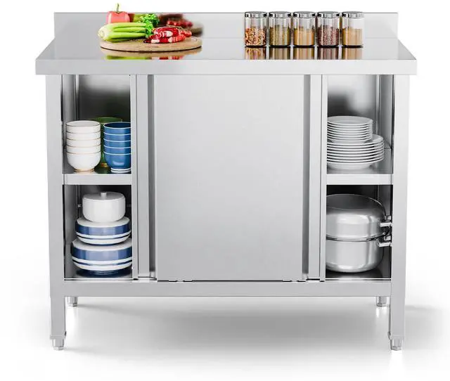 Main image of Commercial Heavy Duty Stainless Steel Prep Work Table with Backsplash & 2 Sliding Doors, Large Space Storage Cabinet, 39" x 19" Metal Table for Kitchen, Restaurant