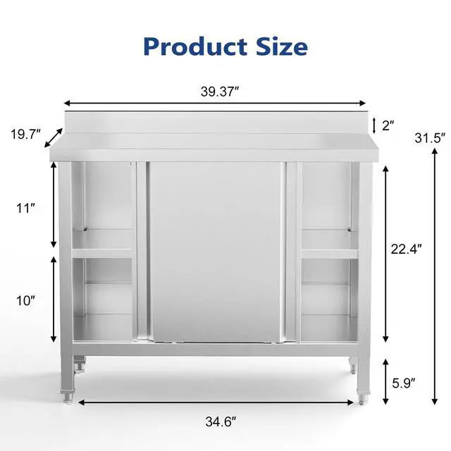 Alt view image 3 of 6 - Commercial Heavy Duty Stainless Steel Prep Work Table with Backsplash & 2 Sliding Doors, Large Space Storage Cabinet, 39" x 19" Metal Table for Kitchen, Restaurant