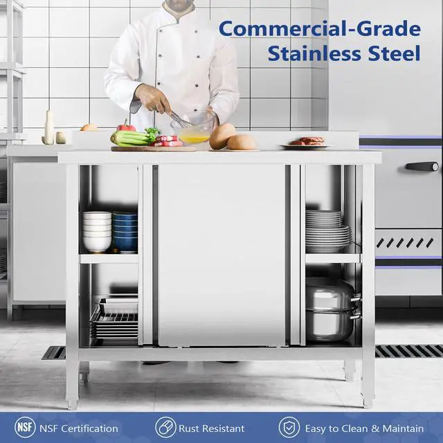Alt view image 4 of 6 - Commercial Heavy Duty Stainless Steel Prep Work Table with Backsplash & 2 Sliding Doors, Large Space Storage Cabinet, 39" x 19" Metal Table for Kitchen, Restaurant