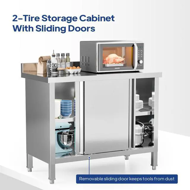 Alt view image 5 of 6 - Commercial Heavy Duty Stainless Steel Prep Work Table with Backsplash & 2 Sliding Doors, Large Space Storage Cabinet, 39" x 19" Metal Table for Kitchen, Restaurant