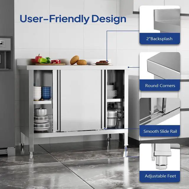 Alt view image 6 of 6 - Commercial Heavy Duty Stainless Steel Prep Work Table with Backsplash & 2 Sliding Doors, Large Space Storage Cabinet, 39" x 19" Metal Table for Kitchen, Restaurant