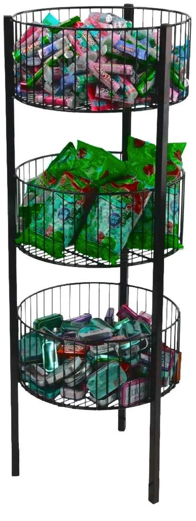Alt view image 2 of 2 - Only Hangers 3-Level Wire Basket Display Rack, Floor Standing, Round Bins, Metal Frame - Available in Black and White (BLACK)