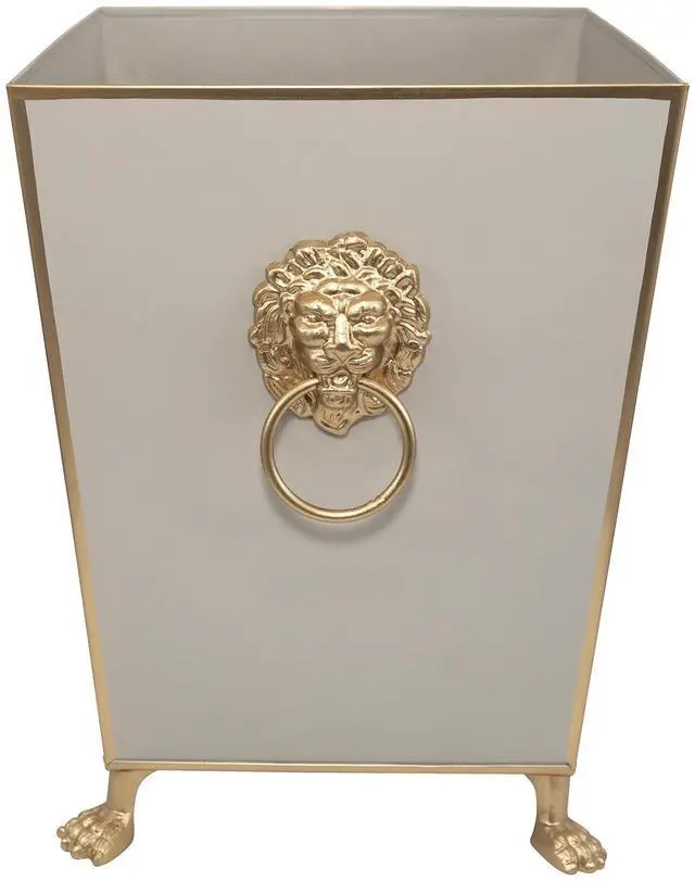 Main image of Jayes Studio Decorative Waste Basket Bathroom With Gold Feet, Garbage Can Bedroom, Vanity, Metal Office Trash Cans, Square Trash Bin No Lid, Taupe Bathroom Accessories Lions Head Accent Paws & Claws