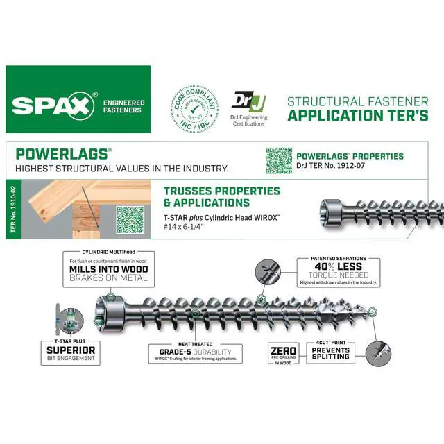 Alt view image 2 of 6 - #14 x 6-1/4" Powerlags Interior Cylindric Head Structural Wood Lag Screws (500 pcs) T30+ T-Star Plus Truss Rafter Beam Construction