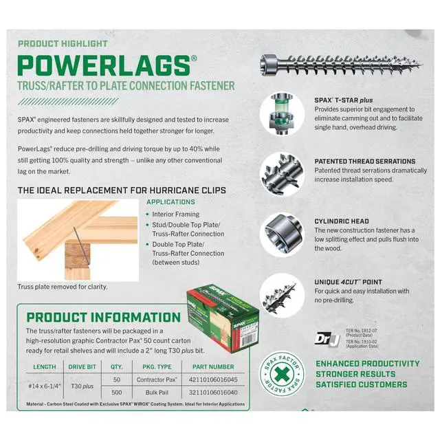 Alt view image 3 of 6 - #14 x 6-1/4" Powerlags Interior Cylindric Head Structural Wood Lag Screws (500 pcs) T30+ T-Star Plus Truss Rafter Beam Construction