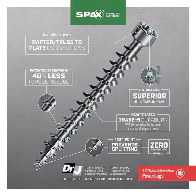 Alt view image 6 of 6 - #14 x 6-1/4" Powerlags Interior Cylindric Head Structural Wood Lag Screws (500 pcs) T30+ T-Star Plus Truss Rafter Beam Construction