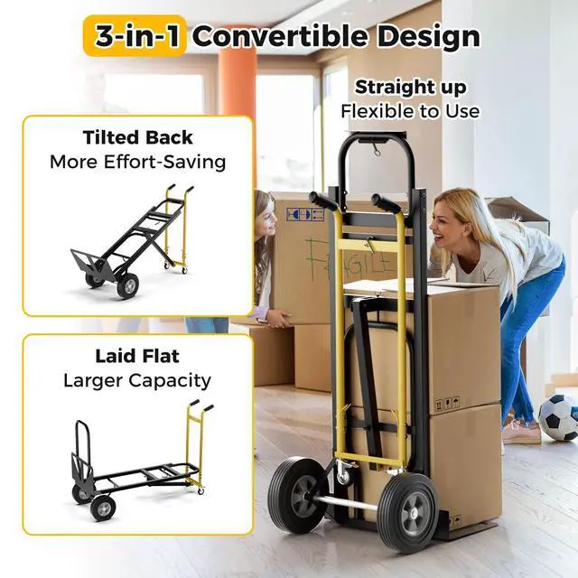 Alt view image 2 of 6 - Convertible Hand Truck, 3-in-1 Metal Dolly Cart with 4 Wheels (2 Lockable), 1000 LBS Capacity, Safety Straps, Heavy-Duty Collapsible Folding Cart for Moving Home, Garage, Shop