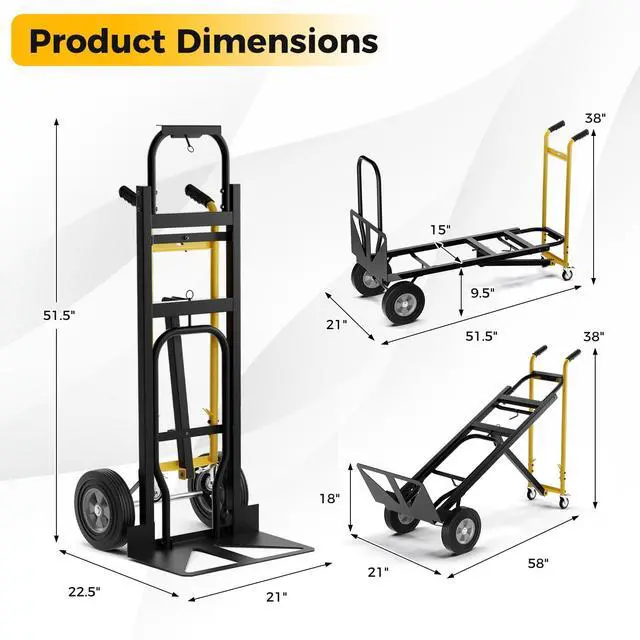 Alt view image 6 of 6 - Convertible Hand Truck, 3-in-1 Metal Dolly Cart with 4 Wheels (2 Lockable), 1000 LBS Capacity, Safety Straps, Heavy-Duty Collapsible Folding Cart for Moving Home, Garage, Shop