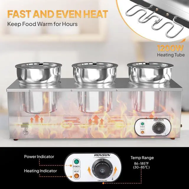 Alt view image 2 of 6 - Electric Soup Warmer, 22QT Commercial Food Warmer Steam Table, Countertop Bain Marie with Three 7.4QT Pots, 86~185°F Adjustable Temperature, Lid and Tap for Buffet Restaurant 1200W