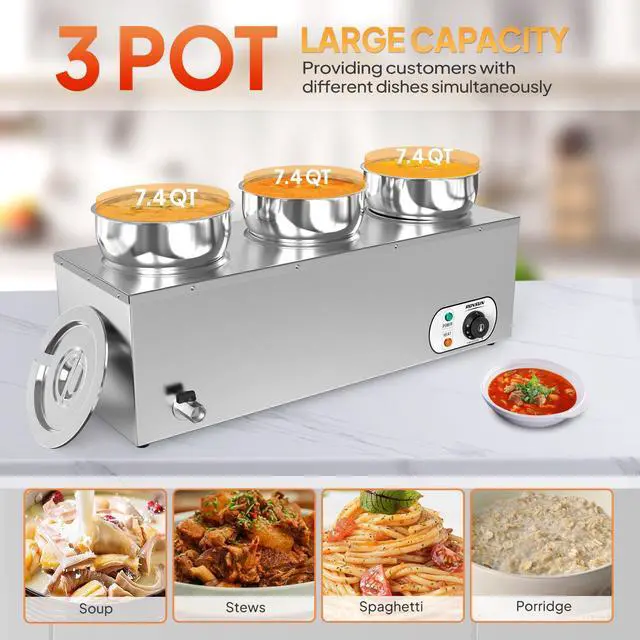 Alt view image 4 of 6 - Electric Soup Warmer, 22QT Commercial Food Warmer Steam Table, Countertop Bain Marie with Three 7.4QT Pots, 86~185°F Adjustable Temperature, Lid and Tap for Buffet Restaurant 1200W
