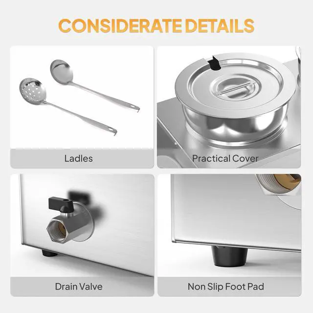 Alt view image 6 of 6 - Electric Soup Warmer, 22QT Commercial Food Warmer Steam Table, Countertop Bain Marie with Three 7.4QT Pots, 86~185°F Adjustable Temperature, Lid and Tap for Buffet Restaurant 1200W