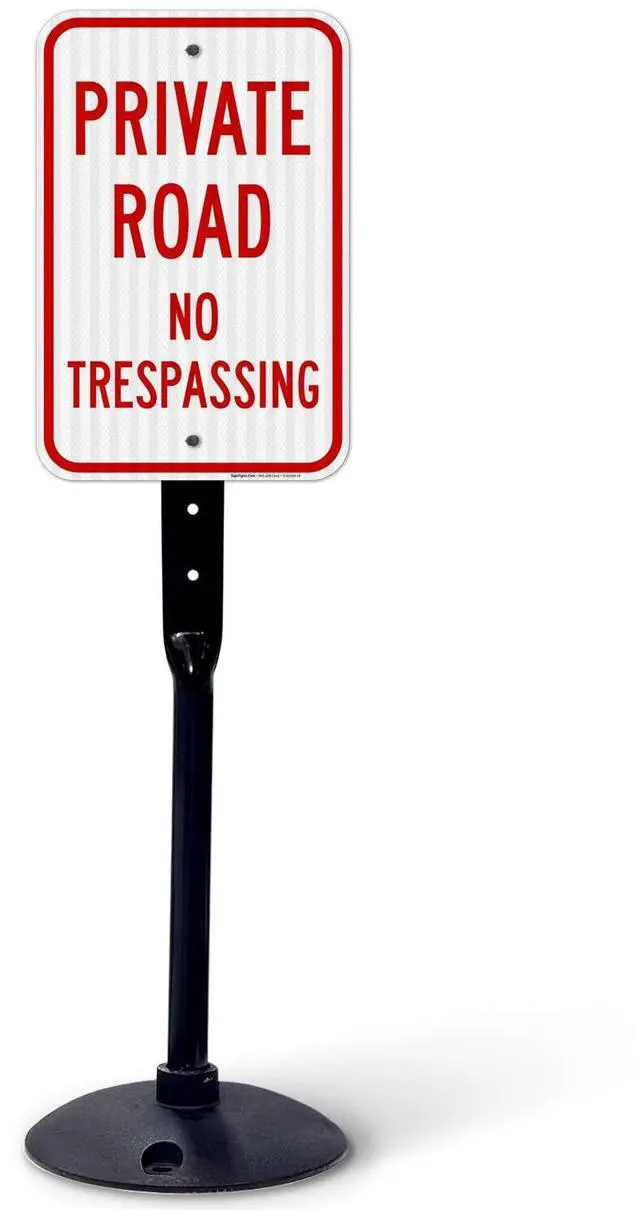 Main image of Private Road No Trespassing Sign, (SI-65099) | 12x18 3M EGP Reflective Stand Set w/Post & Iron Base USA Made