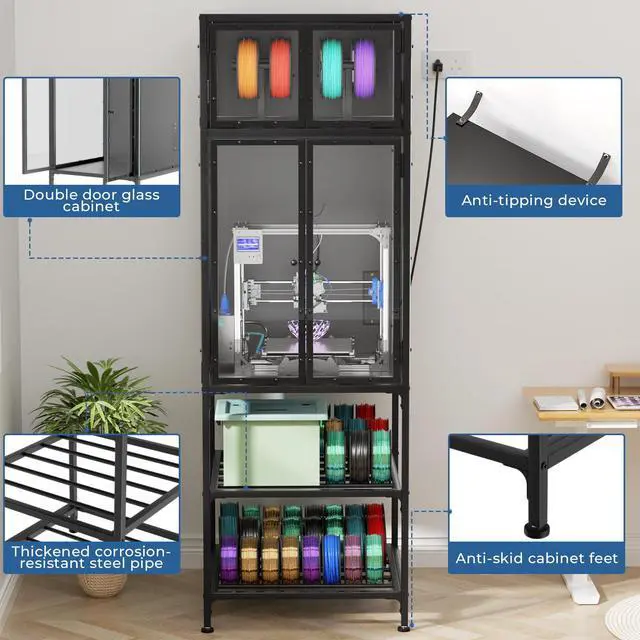 Alt view image 4 of 6 - 3D Printer Cabinet with Double Layer 3D Printer Filament Storage Rack, T-Shaped Filament Bar & Noise-Reducing, Dust-Proof Design, Suitable for Studio, Office Storage and Organization