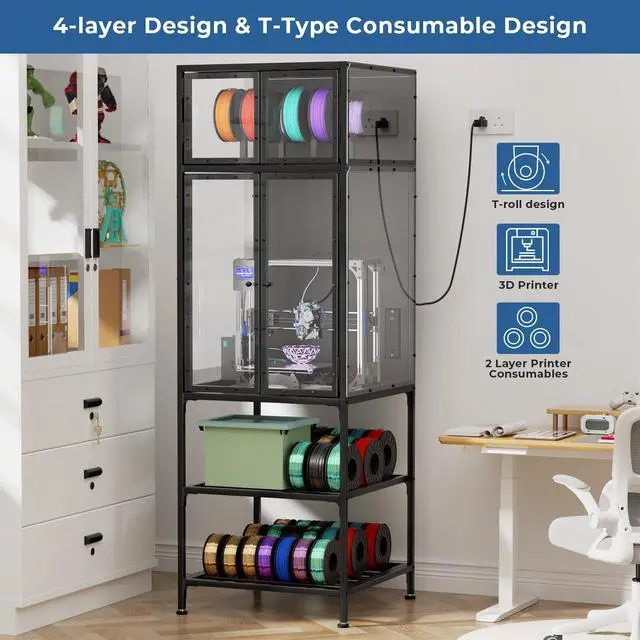 Alt view image 5 of 6 - 3D Printer Cabinet with Double Layer 3D Printer Filament Storage Rack, T-Shaped Filament Bar & Noise-Reducing, Dust-Proof Design, Suitable for Studio, Office Storage and Organization
